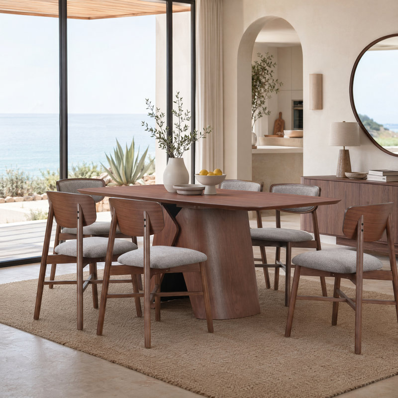 Sculptural Curved Back Dining Set, 7 Pieces: Table, 6 Chairs, Walnut