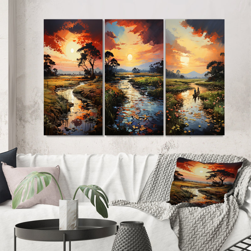«Vietnam River Delta Sunset», 3 pièces sur toile, Toile tendue, H 32 po x l 48 po