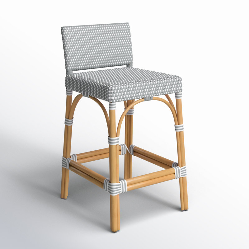 Serienna Blue & White Rattan Low Back Counter Stool, Counter Stool 24" Seat Height, Gray/White Dot