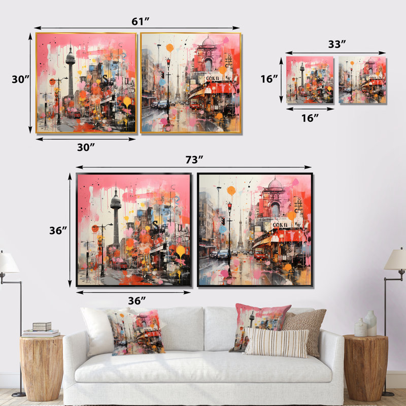 «Pink Vibrant Berlin Cityscape I», ensemble de 2 impressions sur toile Berlin, Toile tendue, H 16 po x l 33 po x P 1 po