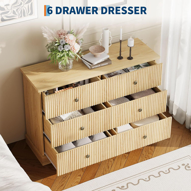 Commode horizontale en bois cannelée à 6 tiroirs, commode compacte pour le rangement de vêtements de chambre à coucher et de petits espaces