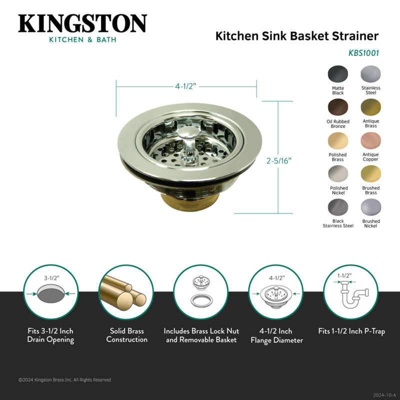 Évier de cuisine en laiton 3 1/2 po Kingston, Laiton poli