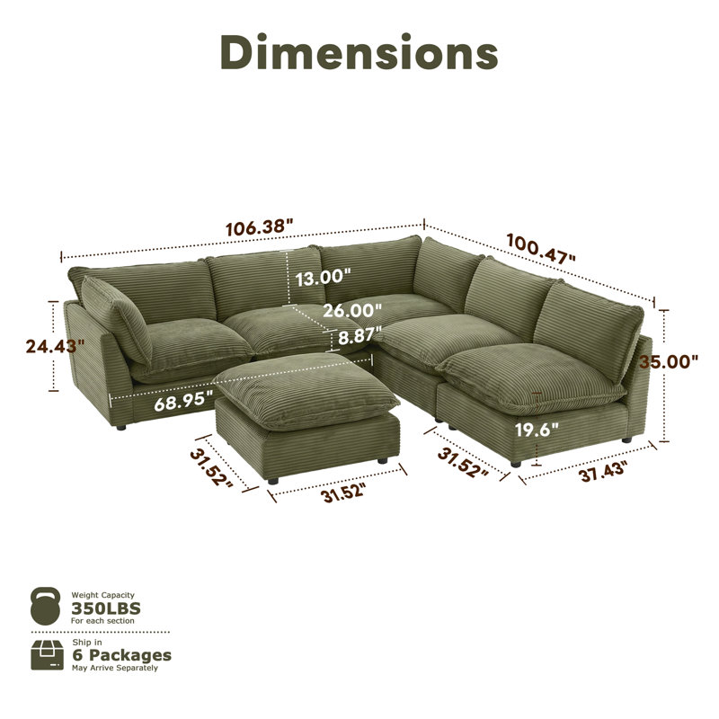 Canapé modulaire surdimensionné à 6 places Annamaria, Green Corduroy
