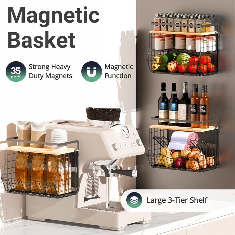 Tablette magnétique pour réfrigérateur avec couvercle en bois, bacs de rangement pour pommes de terre et oignons, support à épices magnétique pour réfrigérateur, comptoir de cuisine, outils, collation (noir, paquet de 2)