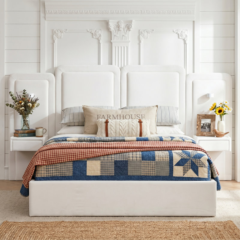 Ensemble de chambre à coucher 3 pièces: grand lit de rangement pneumatique en velours avec tables de chevet flottantes et lumières DEL