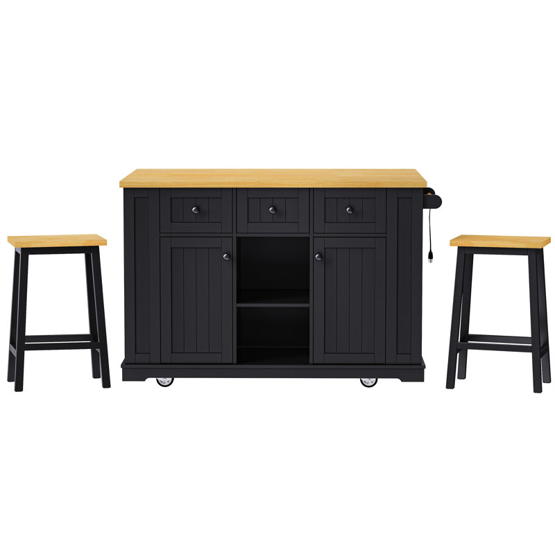 53Inch Large Kitchen Island With 2 Bar Stools, Power Outlet,Door Internal Storage Rack, Kitchen Storage Cart On 5 Wheels With Drop Leaf, 5 Open Side Racks, 3 Drawers, For Kitchen,Dining Room