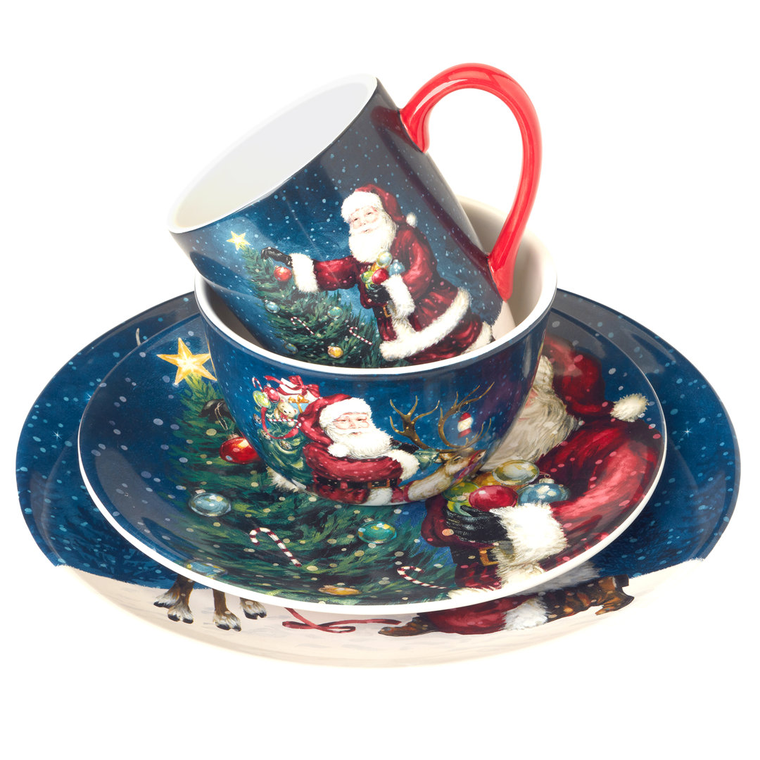 Santa's Secret 16pc Ceramic Dinnerware Set 4 Dinner 4 Dessert Plates 4 Mugs 4 Ice Cream Bowls (Set of 16) Certified International