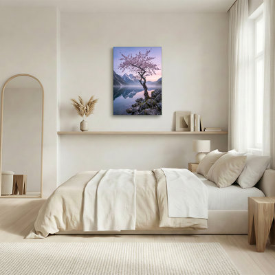 «Pink Blossom Tree» par Lake with Mountain Reflection, art mural sur toile