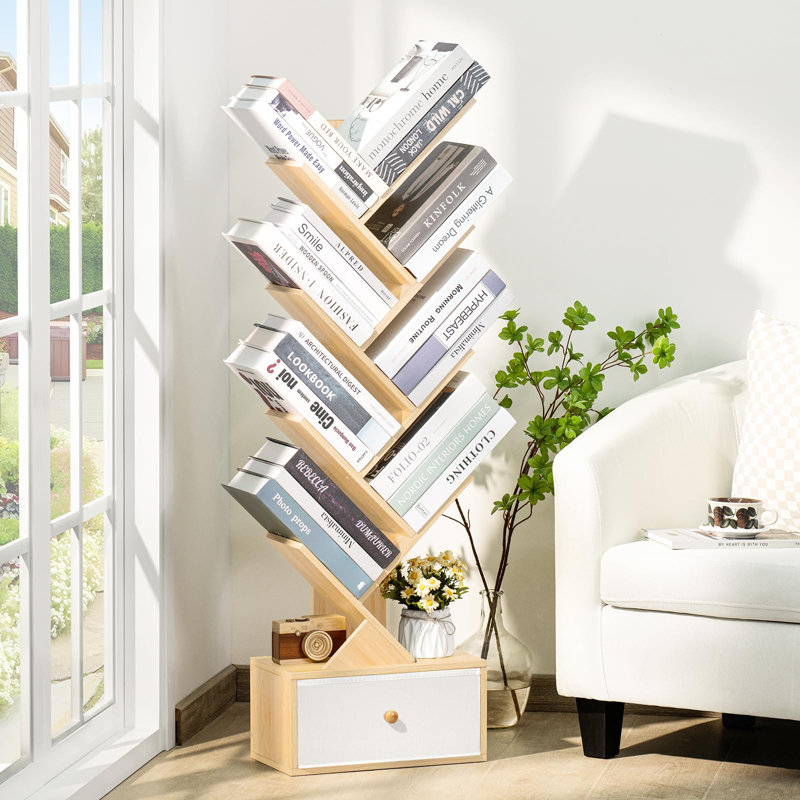 Bibliothèque à 8 niveaux avec tiroir, bibliothèque haute en bois avec conception anti-basculement, tablette de rangement peu encombrante pour la chambre à coucher, le salon et le bureau personnel