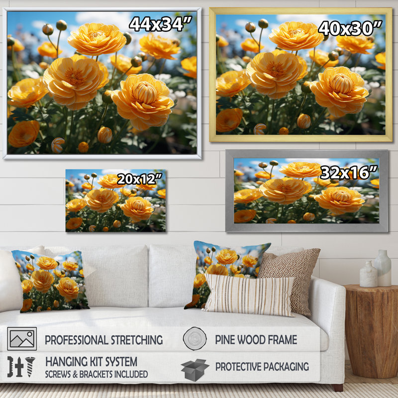 «Yellow Buttercups Field Vibrant III», reproduction d'art sur toile, H 12 po x l 20 po x P 1 po, Blanc