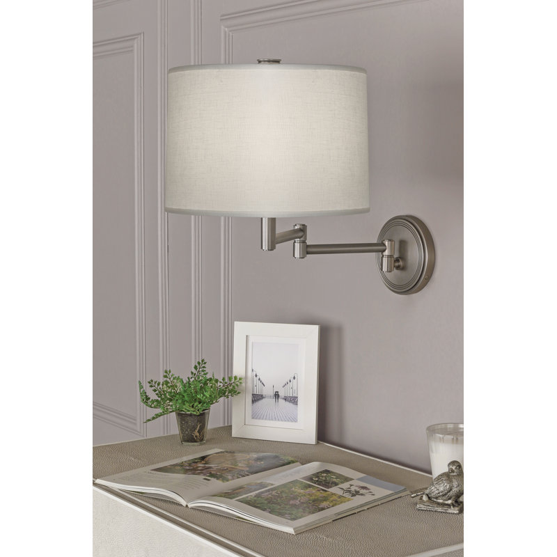 Sofia Solid Brass Plug-in Swing Arm Sconce, White Linen, Dark Antique Nickel
