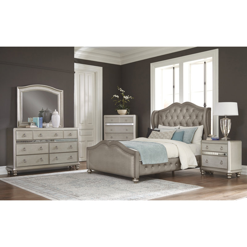 Ensemble de chambre à coucher rembourrée 2 pièces avec commode Mirai, Double