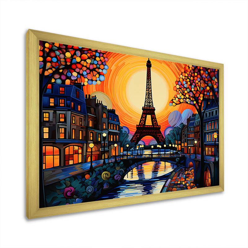 Coucher de soleil jaune et rouge sur Paris - Art mural de la ville de Paris, Cadre doré à coins fermés
