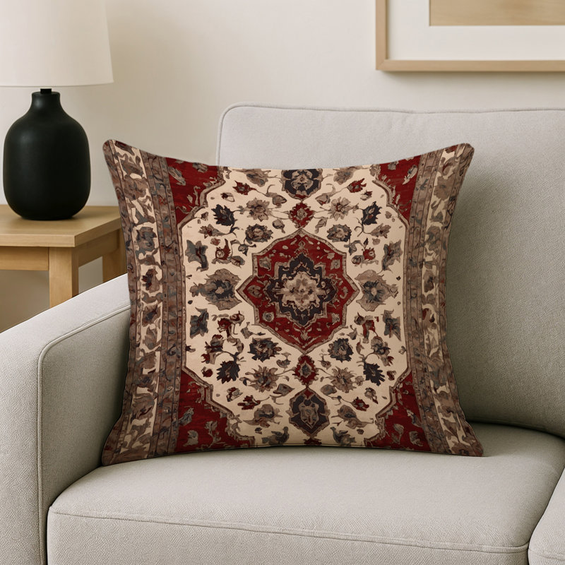 Coussin décoratif intérieur et extérieur Modern, Carré 16 po, Bourgogne / crème / damas brun