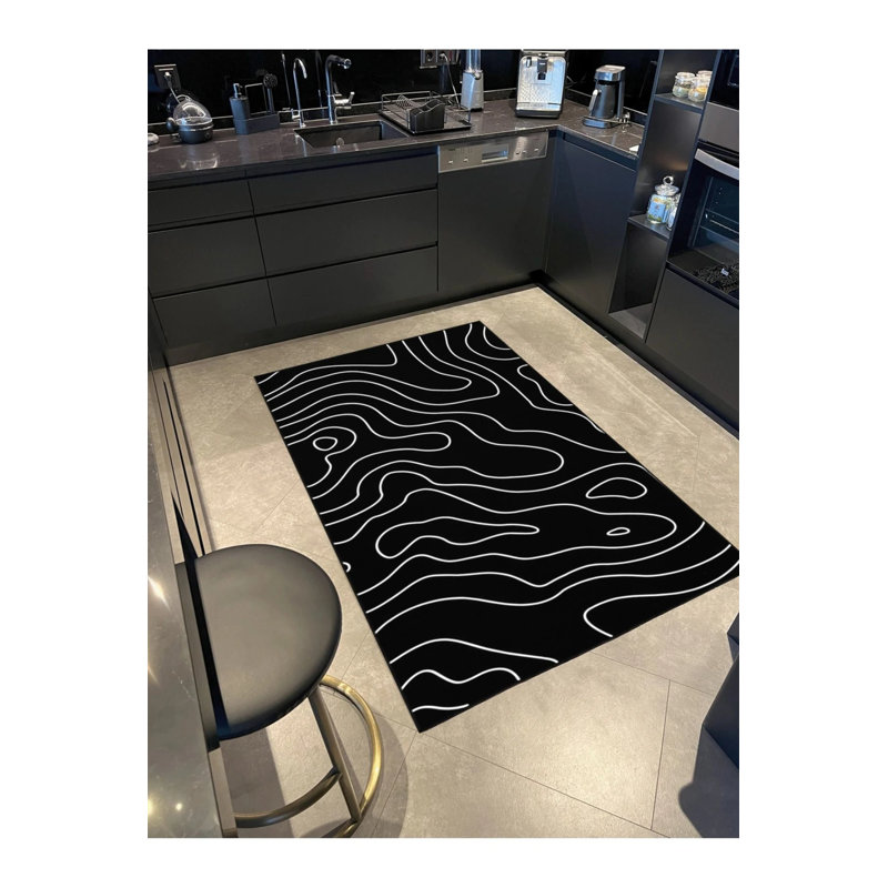 Tapis noir lavable à motif rayé à motif noir, Rectangle 5 pi 2 po x 7 pi 7 po