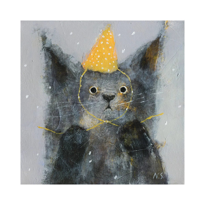 Sad Cat In Party Hat By Natalia Shaloshvili - Wrapped Canvas Painting - Wrapped Canvas Painting