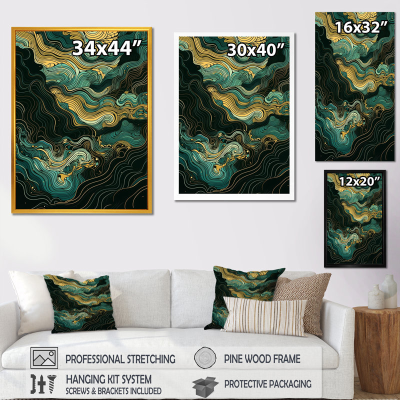 Green Linear Symphony III, reproduction d'art sur toile, Cadre photo noir, H 32 po x l 16 po x P 1 po