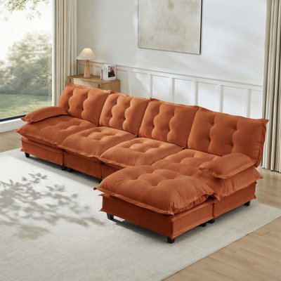 Canapé modulaire en forme de L de 138 pouces avec repose-pieds, revêtement en chenille, assise profonde et coussins en treillis confortables pour une vie moderne