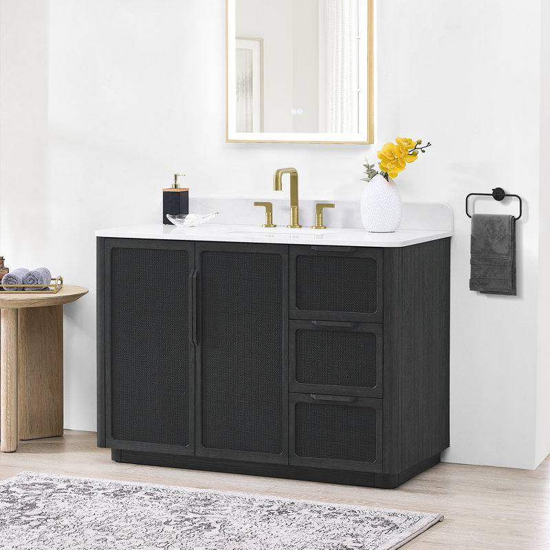 Meuble-lavabo simple 48 po avec plateau en quartz blanc Busan, Chêne noir classique