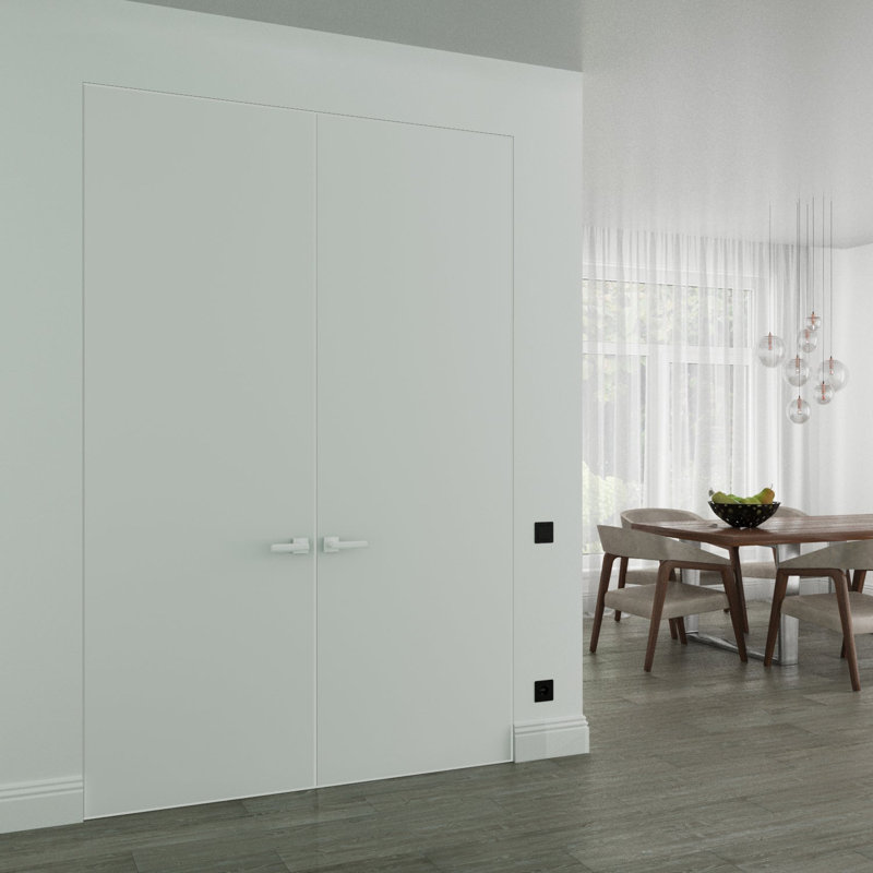 Porte double moderne à cadre dissimulé avec poignée Planum 0010, apprêtée avec cadre blanc invisible, 122 cm x 203 cm, ouverture à gauche vers l'extérieur, charnières blanches, poignée de verrouillage, armoire moderne en bois massif.