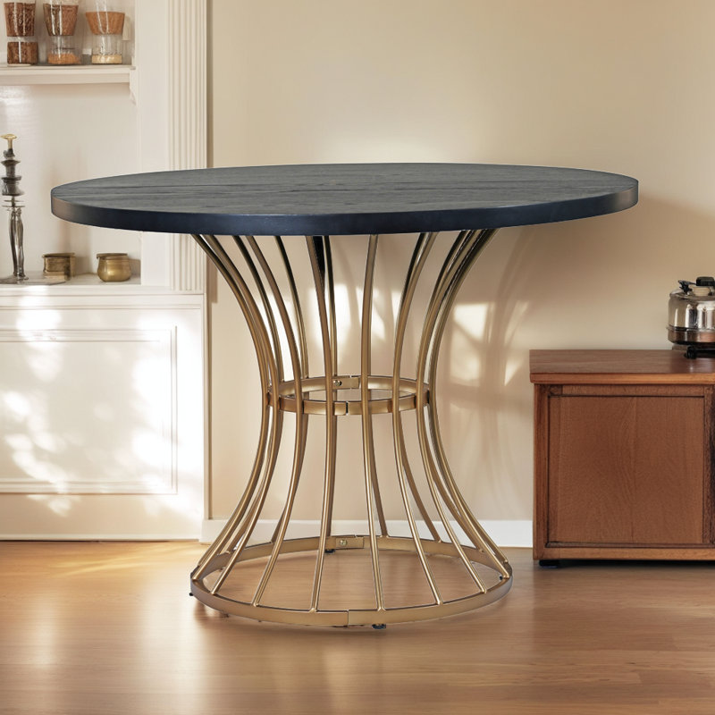 Table de salle à manger compacte avec plateau en placage de chêne et base en fer robuste, Noir et or