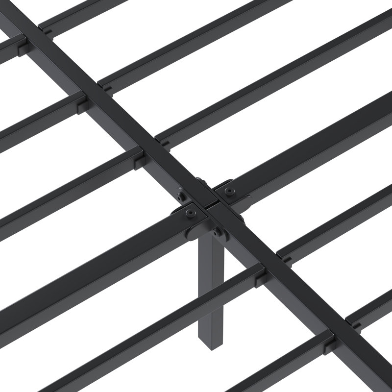 Grand lit plateforme en métal noir avec tête de lit en bois massif foncé de 40 po, rangement sous le lit, support silencieux, aucun sommier requis