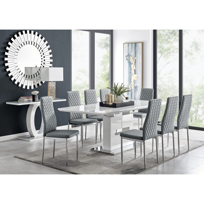 Ensemble de table de salle à manger extensible en bois ultrabrillant avec chaises rembourrées