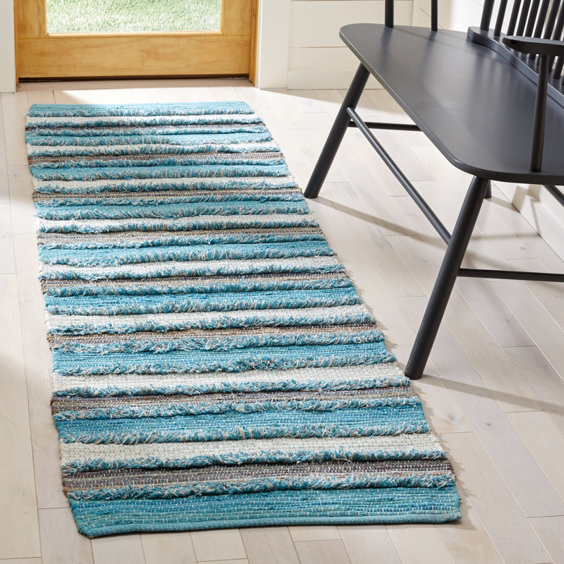 Tapis aqua/blanc/gris en coton handwoven Monaca, Tapis de couloir 2 pi 3 po x 8 pi
