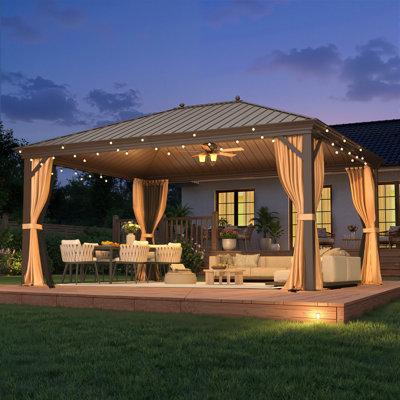  16 Ft. W x 12 Ft. D Outdoor PRO Premium Hardtop Gazebo with Aluminum Frame & Double Galvanized Steel Roof, Heavy Duty Permanent Pavilion with Netting & Curtains for Patio, Lawn, Deck
