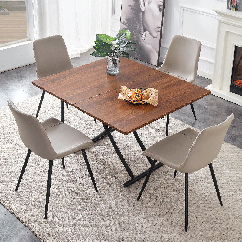 5-Piece Modern Style Rectangular Foldable and Adjustable Kitchen Table and Chairs Set, Walnut/Black, Gray