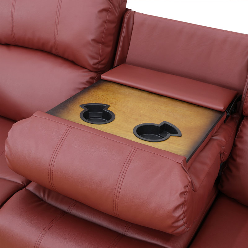 3-Seater Recliner Sofa Chair, Home Theater Sofa with Flipped Backrest and Cupholder, Leather, Red, Red