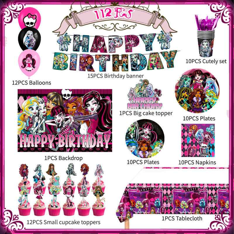 Monster High Birthday Decorations,112Pcs Monster High Party Decorations & Tableware Set