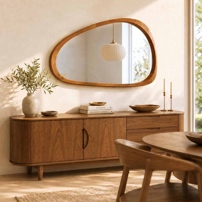 Solid Wood Irregular Wall Mirror Accent Mirror for Entryway Bedroom, 30" x 20", Warm Walnut