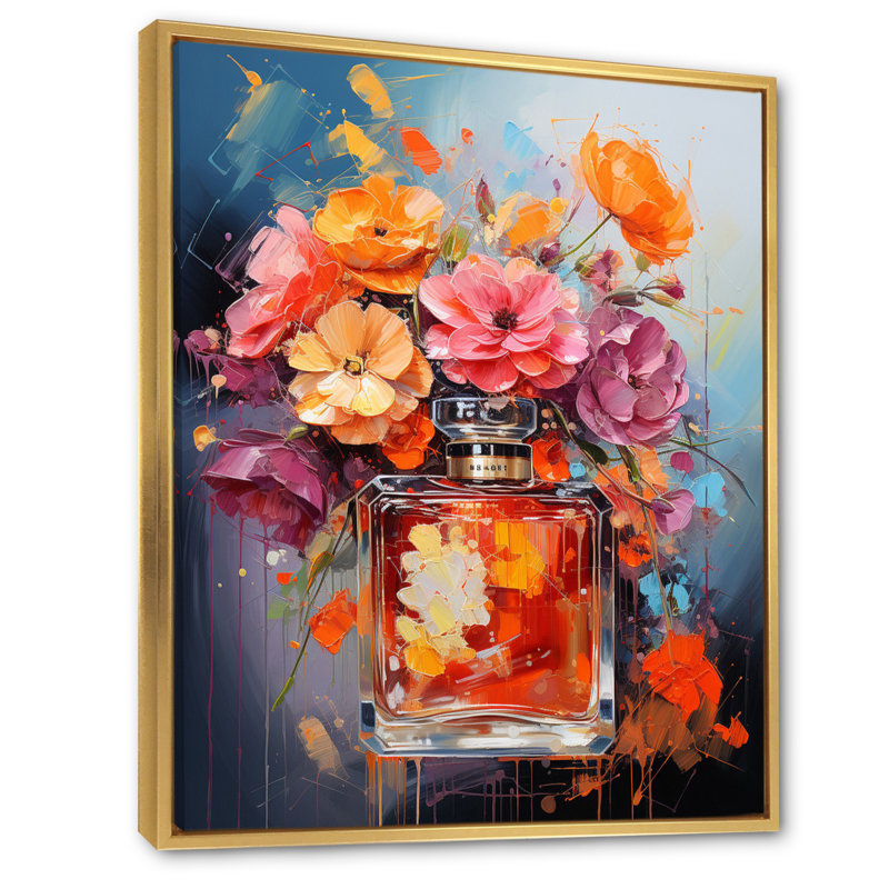Danal " Perfume Multicoloured Collage I ", 32" H x 24" W x 1" D, Gold Floater Framed