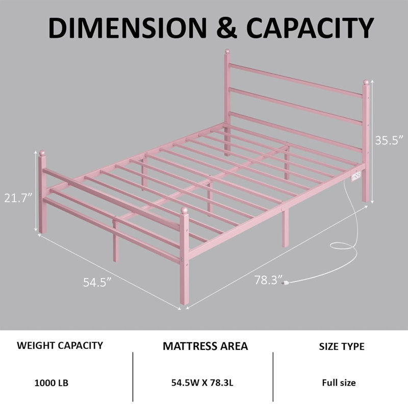 Bed Frame With Headboard And Footboard,heavy Duty Steel Slats Support Metal Bed Frame With Charging Station,, Full, Pink