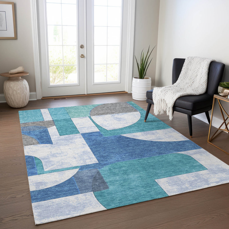 Tapis bleu sarcelle lavable à la machine intérieur / extérieur Cinead ACN1692, Rectangle 2 pi 6 po x 3 pi 10 po