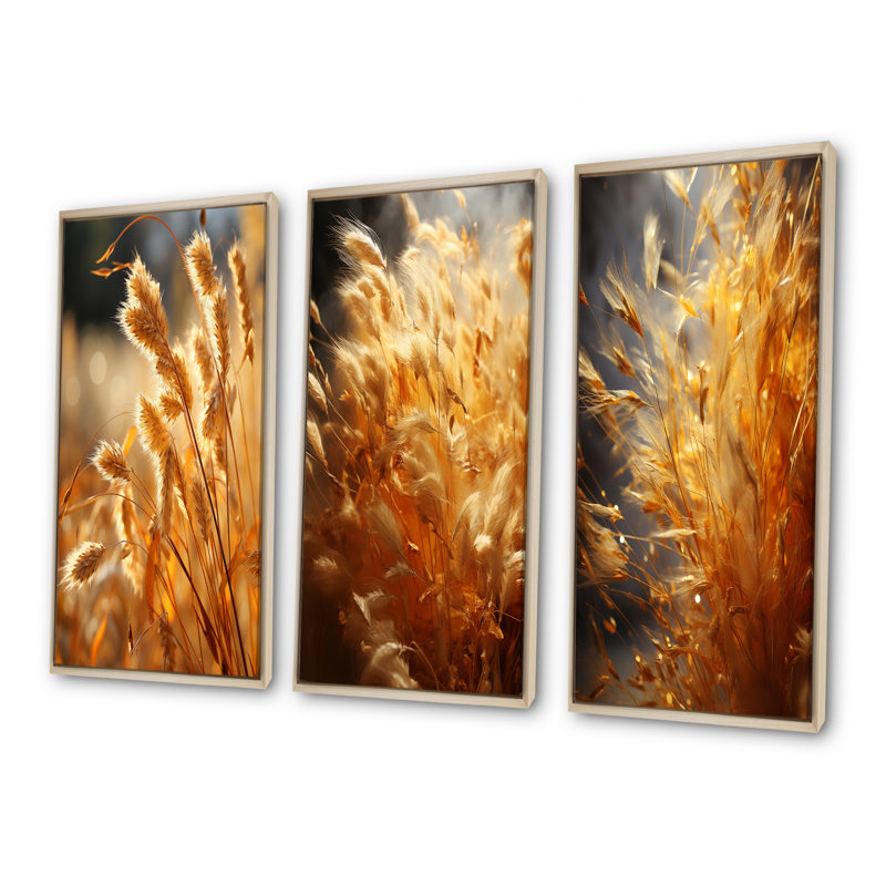 Golden Meadow Grass - Ensemble de 3 décorations murales Meadow, H 28 po x l 36 po, Cadre flottant brun