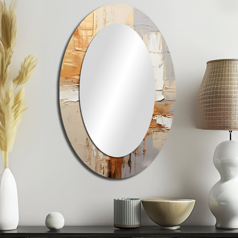 Beige Grey Geometric Collage II - Abstract Oval Decorative Mirror On Metal, 36" x 24"