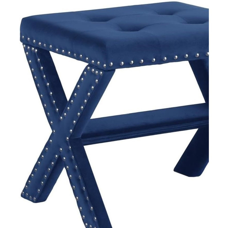 Banc d'appoint rembourré en velours avec garniture cloutée, banc de siège capitonné pour salon d'entrée, bleu, Velours bleu