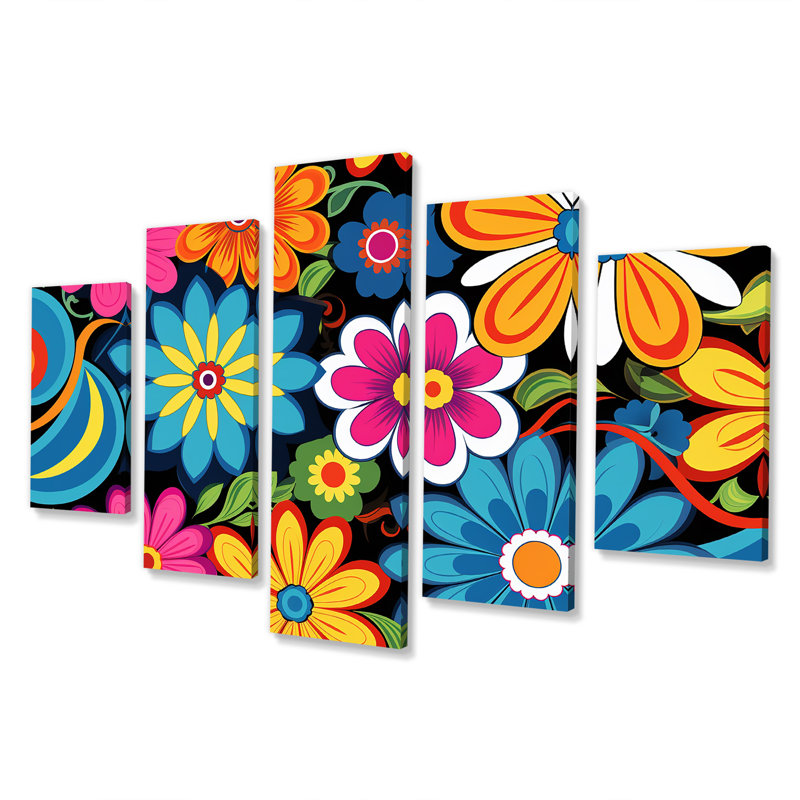 «Groovy Hippy Flower Power - Wildflowers», art mural sur toile 5 pièces