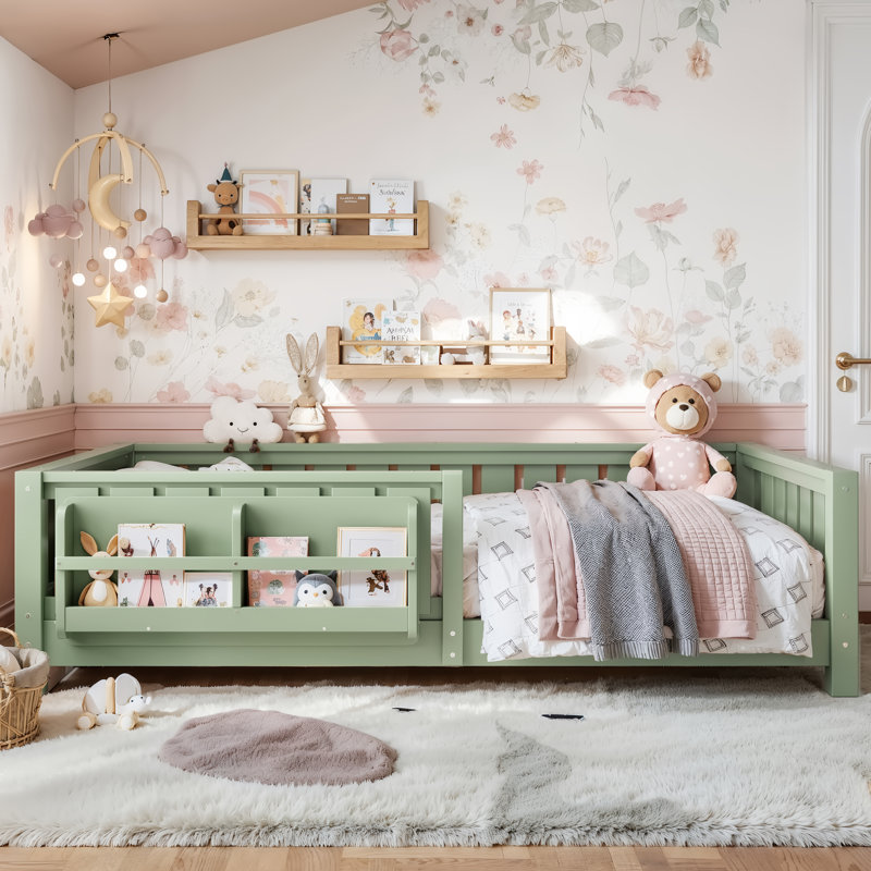 Twin Size Kids Floor Bed With Fence And Built-In Bookshelf,Twin Size Montessori Floor Bed With Slats And Safety Guardrail,Easy Assemble Montessori Beds For Kids,Green