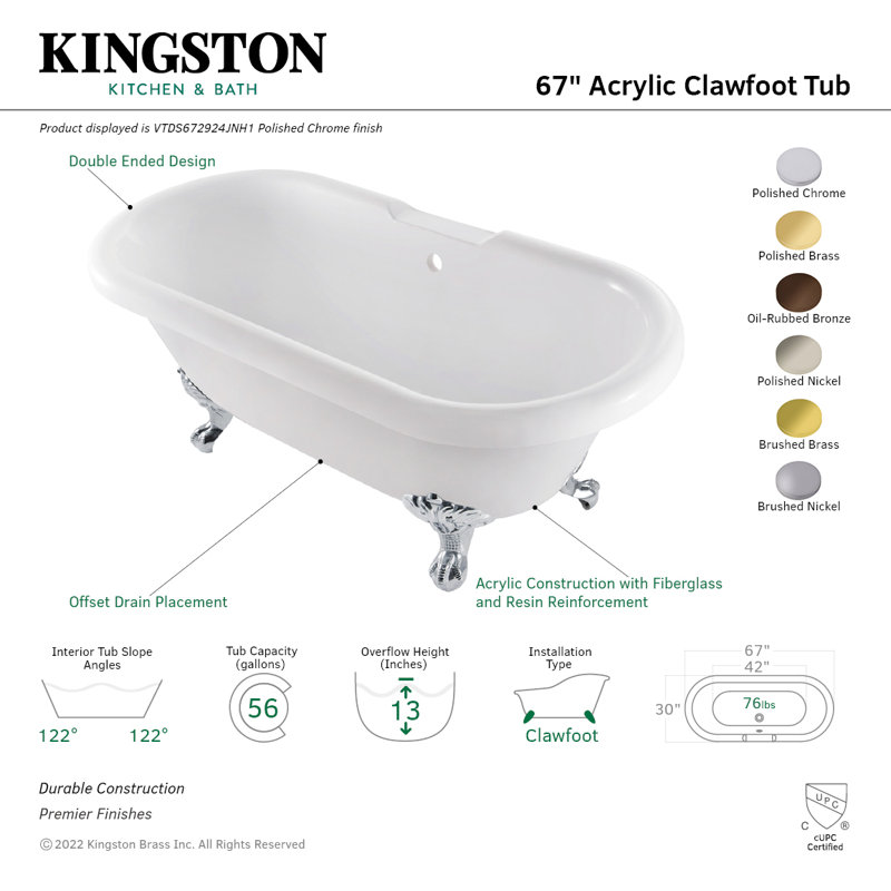 Kingston Brass Aqua Eden 67-Inch Acrylic Oval Double Ended Clawfoot Tub (No Faucet Drillings), Brushed Nickel