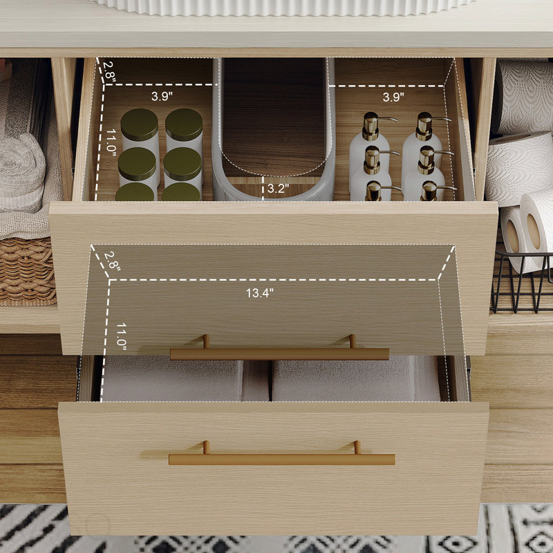 Modern 39.3 Wall-Mounted Bathroom Vanity With Oval Ceramic Sink Floating Vanity Multi-Layer Solid Wood Cabinet Soft-Close Drawers Open Shelf Storage