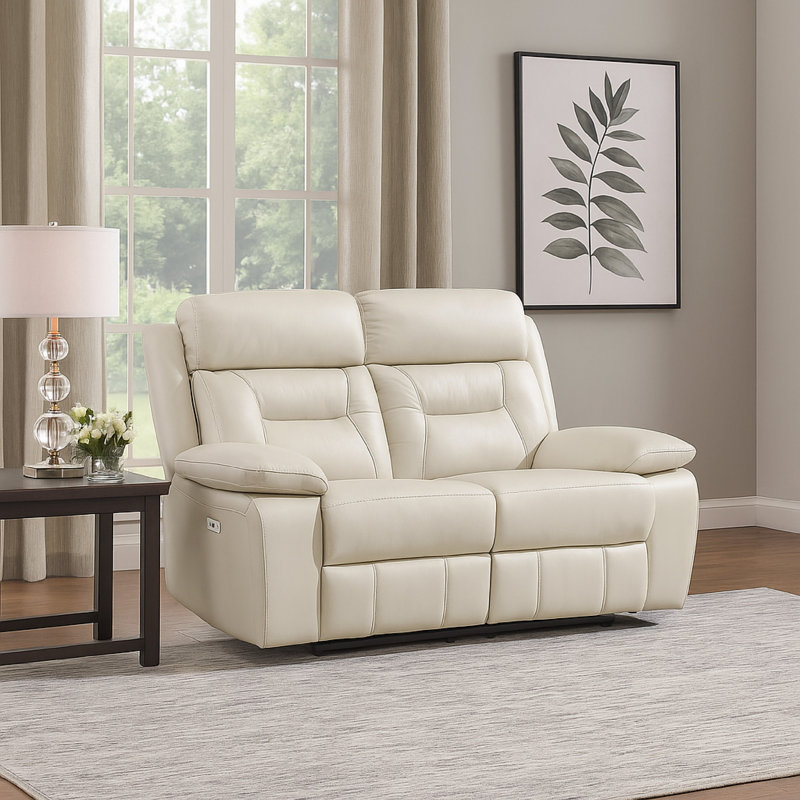 Causeuse inclinable Conia, cuir, USB, 63 po, Gris clair argenté, Électrique - Bouton-poussoir