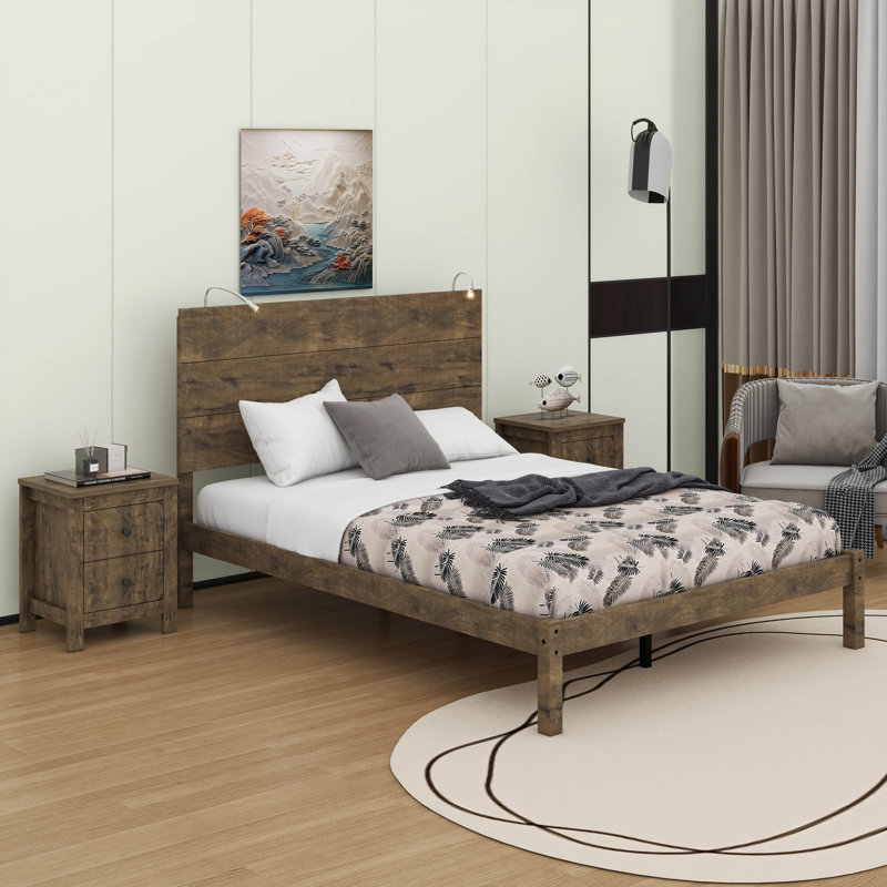 Ensemble de chambre à coucher 3 pièces avec lit plateforme double avec deux lumières de chevet, Double, Noyer antique