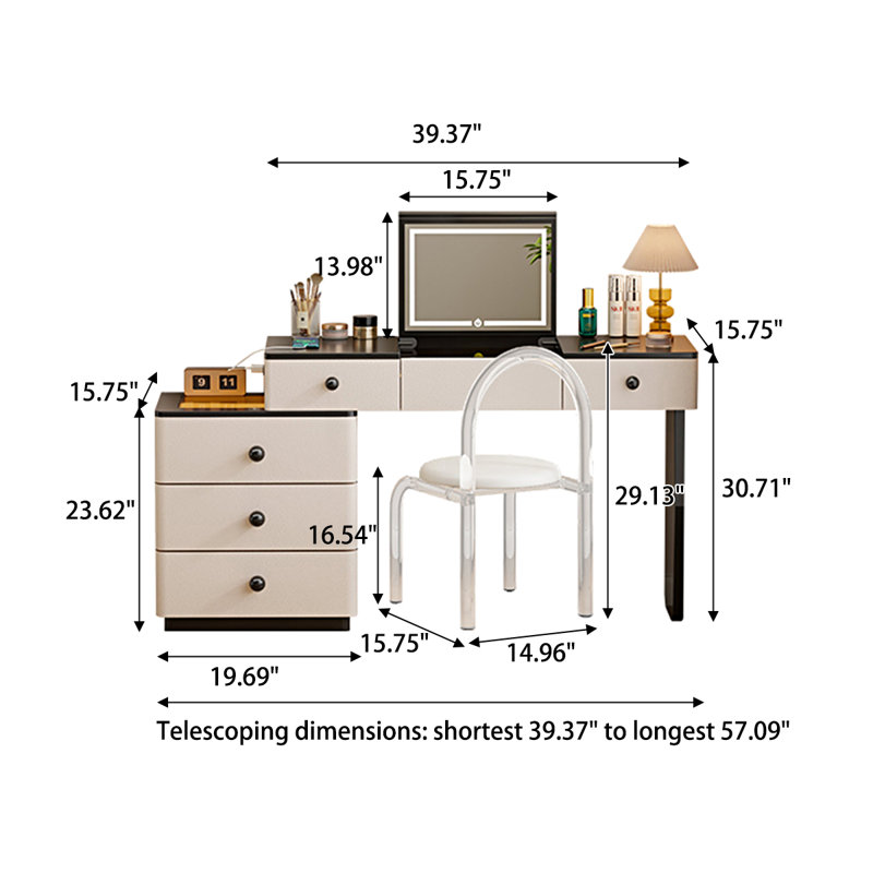 39.37"Retro Black and White Solid Wood Dressing Table