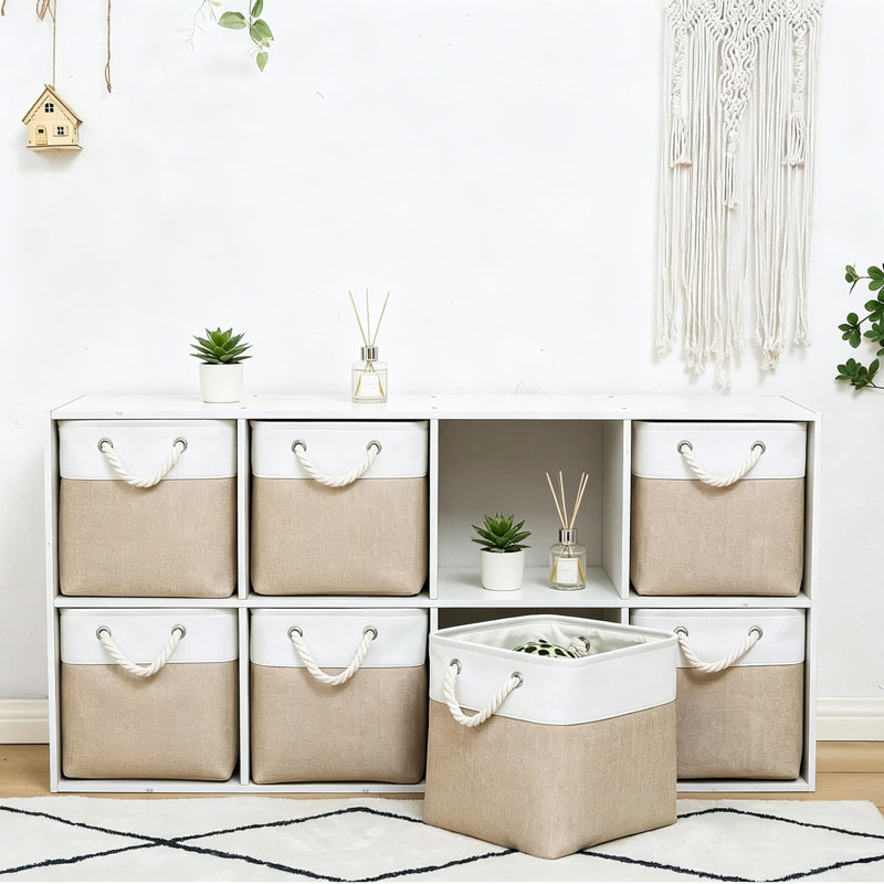 Bacs de rangement 11 x 11 pouces, 8 bacs de rangement pliables avec tissu imperméable, grands cubes de rangement avec poignées en corde pour le placard, vêtements de rangement, jouets, livres, blanc et beige