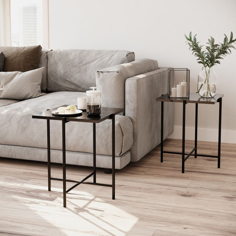 Set of 2 Pcs Marble Effect Tops Round Side End Coffee Table Metal Frame, Black