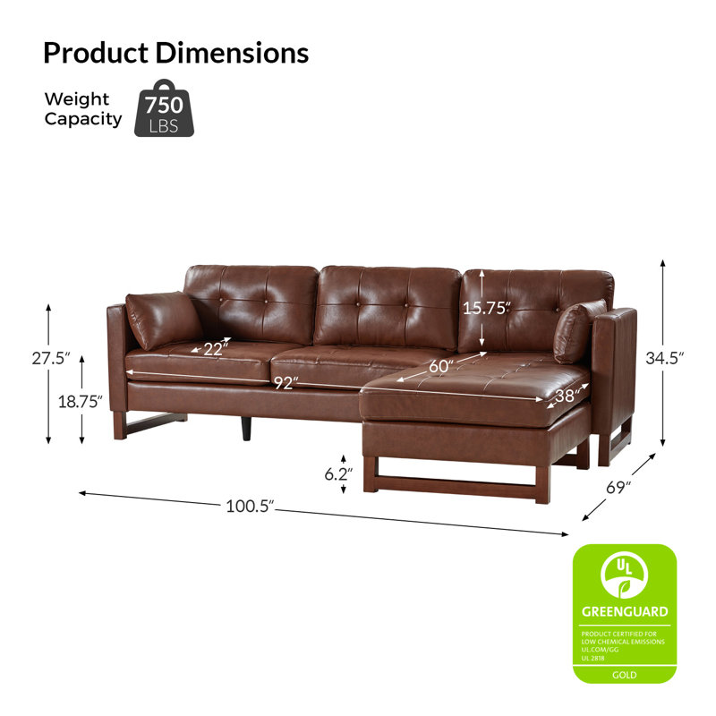 Neven 3 - Piece 100.5'' Mid Century Modern Genuine Leather Modular Sectional Sofa with Pillow, Brown Genuine Leather