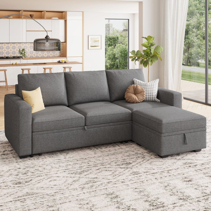 Anureet L-Shaped Sectional Modular Sofa Bed With Storage Seat, Gray Polyester
